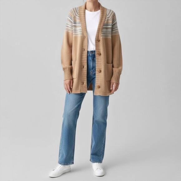 Patagonia Lambswool Scandi Cardigan Sweater L Camel Tan Fair Isle Nordic Boho - Picture 3 of 13